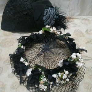 2 VINTAGE BLANK HATS FEATHERS & FLOWERS